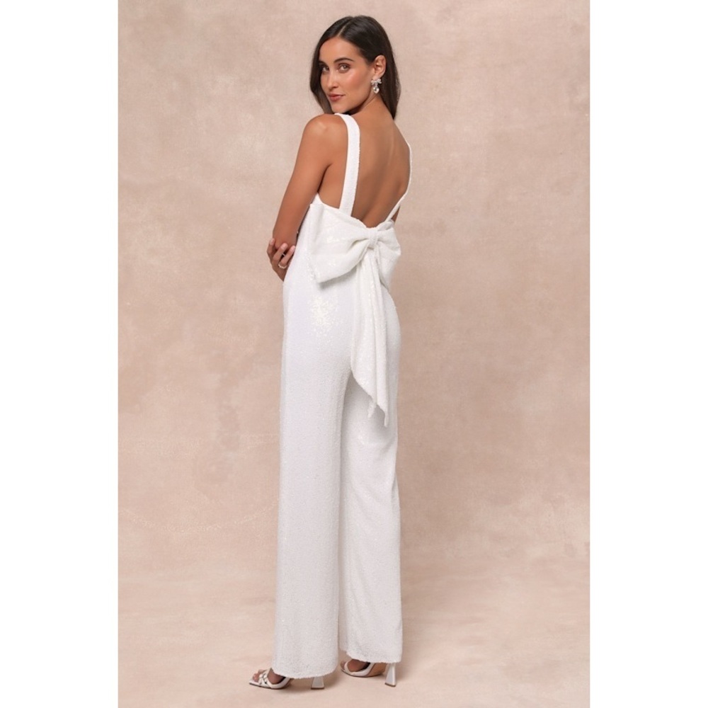 Lulus Feeling Sparkly White Sequin Bow Wide-leg Jumpsuit - Size L